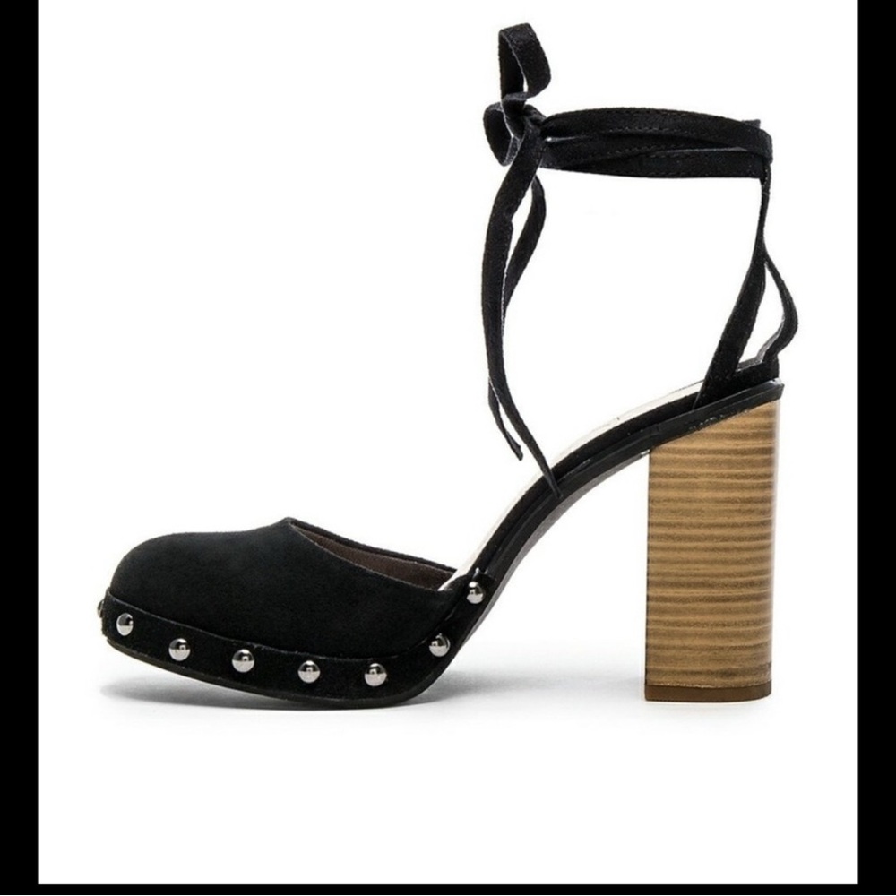 Anthropologie‎ Seychelles Women’s Ankle Black Strappy Studded  Wooden Heel 6.5